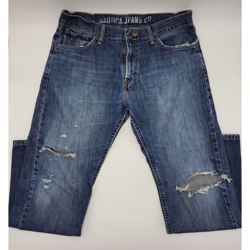 Nautica Jeans Co. Boot Cut Distressted Blue Denim Jeans Mens Size 34x30 #C279